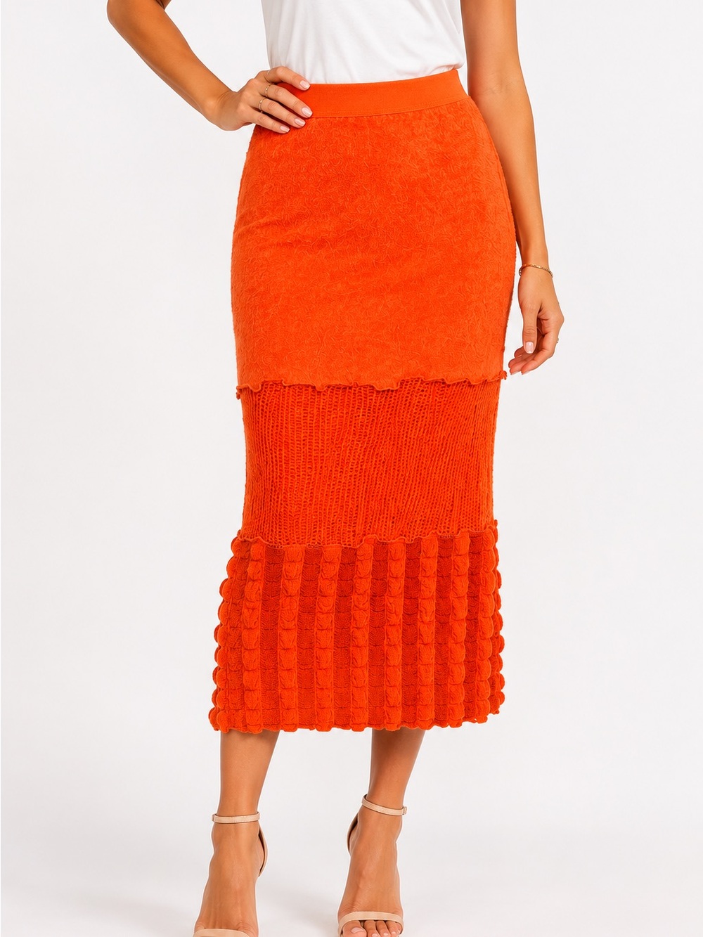 Micas Orange Textured Knit Midi Skirt Size Small NWT Statement Piece